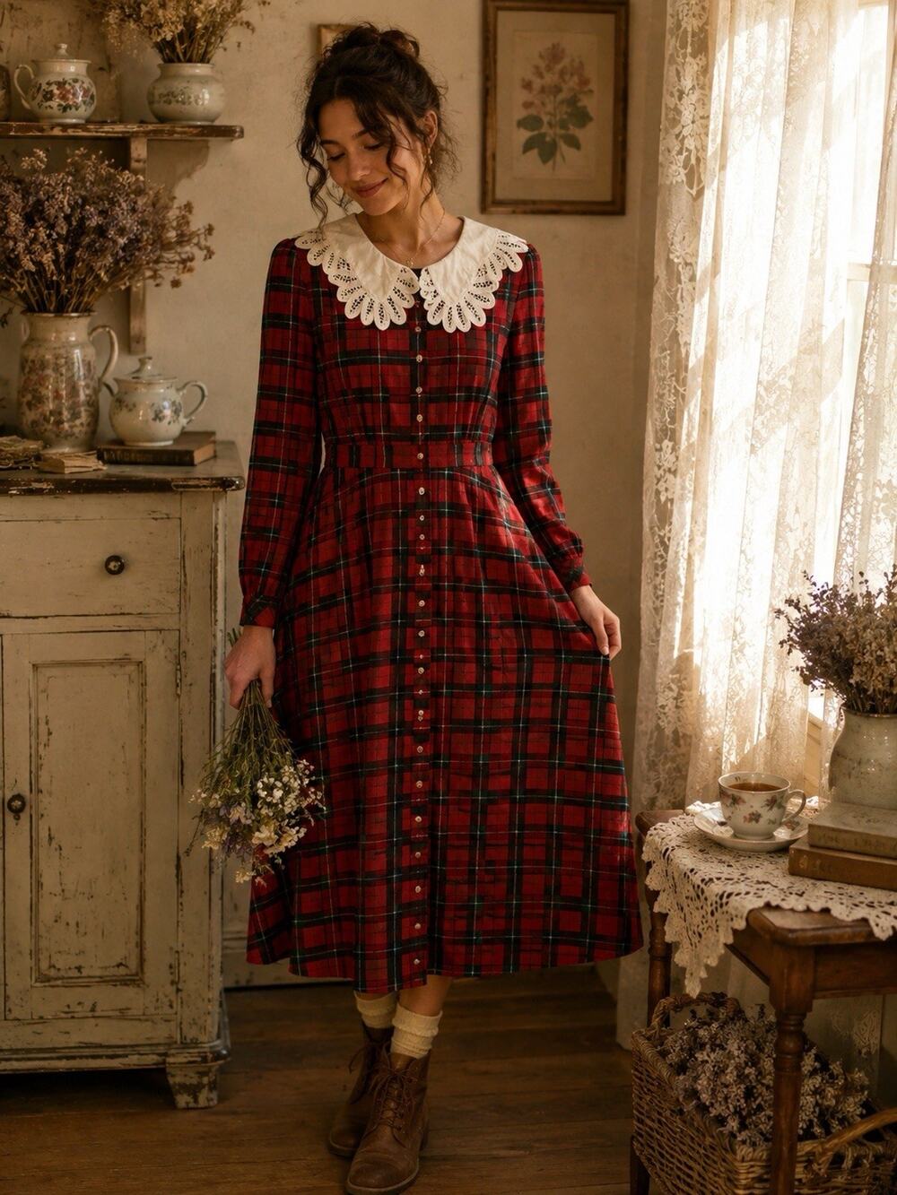VTG Halmode Petites Cottagecore Plaid Large Scalloped Peter Pan Collar Prairie 6